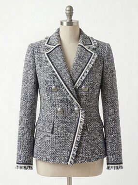 Veronica Beard Theron Tweed Fringe Blazer – Navy & White